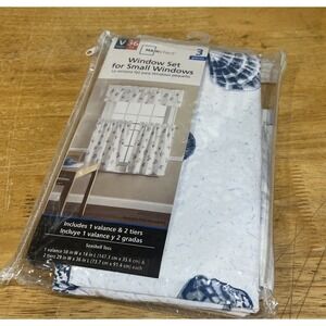 Vtg‎ Mainstays Seashell Toss Window Set 3 Piece Blue Nautical Beach